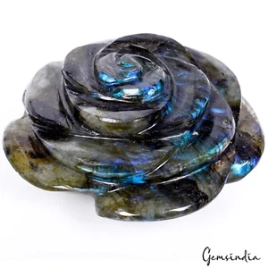 740 Ct/63*32 mm natürlicher blauer Glanz Labradorit Rose Blume Schnitzerei seltener Edelstein - Bild 1 von 5