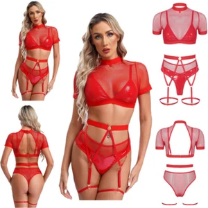 Womens Outfits Sexy Sleepwear Crop Top Nightwear Leg Rings 3 Piece Leather Bra - Picture 1 of 16