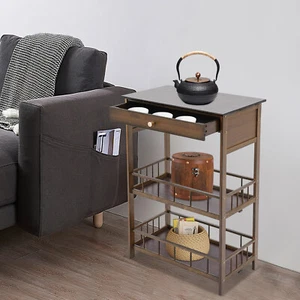 3 Tiers Side Table Side Table with Storage Drawer Bamboo End Table Tea Table - Picture 1 of 16