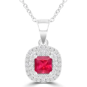 0.6 CT Princess Red Ruby Halo Pendant Necklace 14K White Gold - Picture 1 of 4