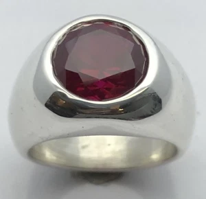 MJG STERLING SILVER MEN'S RING.12 MM LAB RUBY. FULL BEZEL. SIZE 9 1/2 - Picture 1 of 7