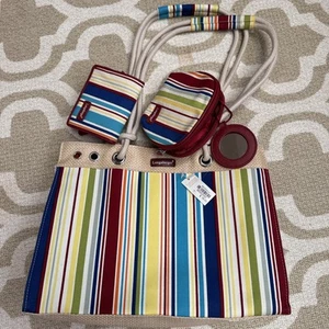 Longaberger Basket~HOMESTEAD KHAKI Stripes Straw HANDBAG Wallet & Makeup Set - Picture 1 of 5