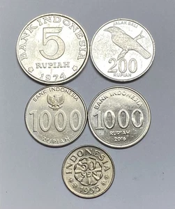 5 Different Circulated Coins From Indonesia, Foreign Coins - Free Shipping ! - Picture 1 of 11