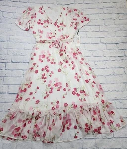 Calvin Klein WOMENS SIZE 12 Belted Shirtdress Maxi White Pink Floral Lined - Picture 1 of 16
