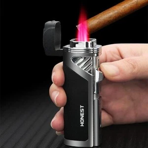Torch Lighter Quad 4 Jet Red Flame Refillable Butane Cigar Lighter with Punch - Picture 1 of 12