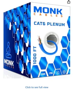 Câble plénum MONK CABLES CAT6 1000 pieds | UTP, 23AWG, 550 MHz | Certifié DSX-8000 - Photo 1/7