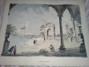 Vintage Abstract Art Litho Landscape with Patio by C Williams 24 x 18" - Picture 1 of 7