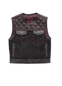 Men’s Biker Vest Or Hunt Club Leather Diamond Quilted Motorcycle Vest Black Red - Picture 1 of 5