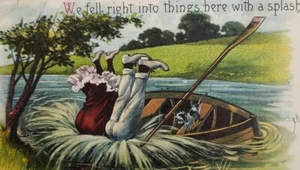Comic Cartoon Fell Right Into Things Here With a Splash Postcard Old Vintage PR - Picture 1 of 3