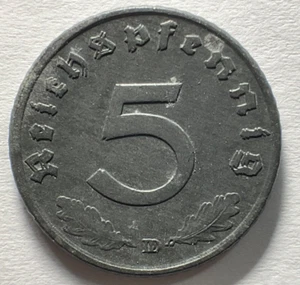Doubled Die Reverse Nazi Germany 1943 D Munich 5 Reichspfennig DDR Error Coin - Picture 1 of 3