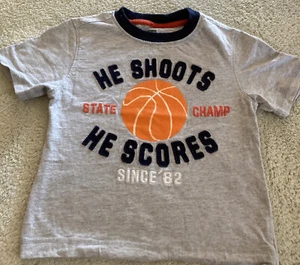 Gymboree Boys Gray Navy Blue HE SHOOTS HE SCORES Basketball Short Sleeve Shirt 5 - Picture 1 of 6