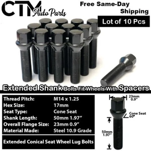 10x BMW Mini Black 14x1.25  Extended Lug Bolt 50mm Shank For 20-25mm Spacer Rim - Picture 1 of 5