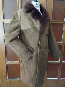 SHEEPSKIN SHEARLING REAL FUR LEATHER COAT JACKET DOUBLE BREST VTG MEN SIZE US 42 - Picture 1 of 15