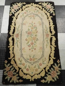 Old Floral Center Medallion Black Border Hooked Rug - Estate Rug 59" x 34" - Picture 1 of 20