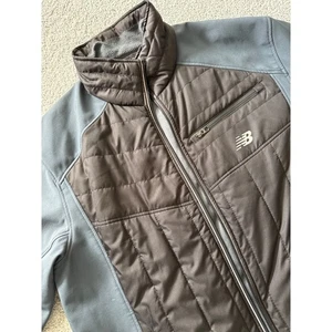 New Balance Mens Large Full Zip Quilted Soft Shell Fleece Hooded Jacket Blue/BK - Picture 1 of 6