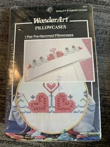 WonderArt Stamped Cross Stitch 1pair Pillowcase CROSS MY HEARTS #1211 VTG NOS - Picture 1 of 2
