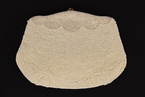 Vintage Clutch Bugle Beaded Design Hand Made in Belgium 1940-1950 Ivory Cream - Picture 1 of 8