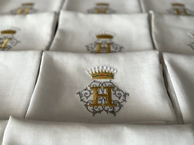 6 serviettes de table, confection fil lin ancien, mono H, couronne comtale,60x70 - Photo 1/4