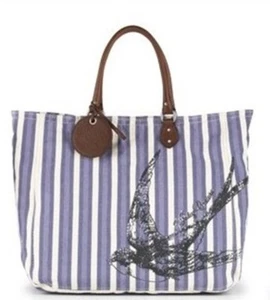 New Juicy Couture Tote Bag Blue Stripes Canvas Leather Trim Sequins Details - Picture 1 of 5