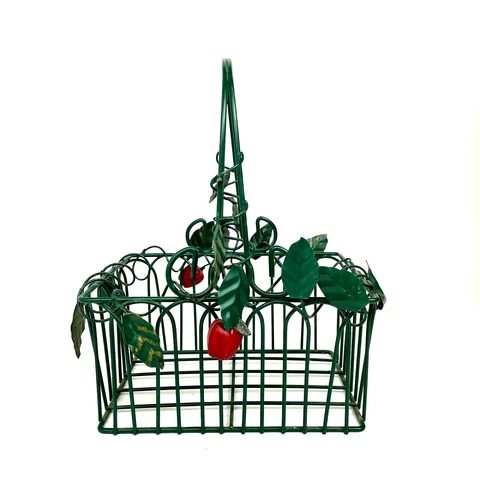 Vintage Green Metal Fruit Basket with Adorned with Leaves and Apples Cover