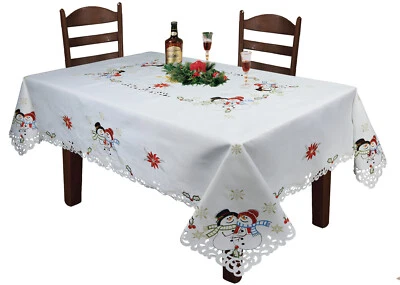 Holiday Christmas Snowman Snowflake Poinsettia Tablecloth With Napkin White Gold - Image 1 of 4