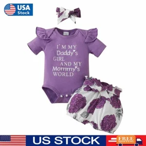 Newborn Infant Baby Girl Ruffle Short Sleeve Romper Headband 3pcs Outfit Clothes - Picture 1 of 16