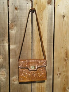 Vintage Hand Tooled Brown Leather Flower Floral Crossbody Purse Bag 9" x 7" - Picture 1 of 12