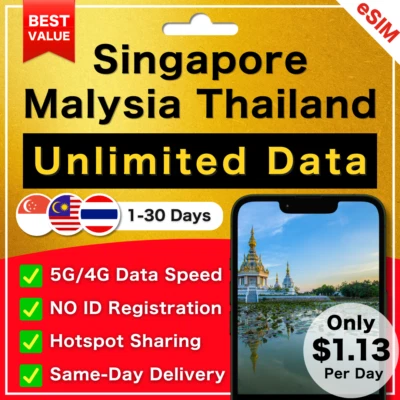 [ eSIM ] Singapore Malaysia Thailand Unlimited Data | 1to30Days | 5G/4G | lot ok - Image 1 of 4