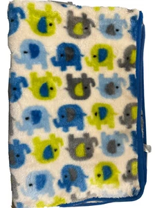 Baby Gear Thick Plush Blanket Blue Green Elephants - Picture 1 of 3