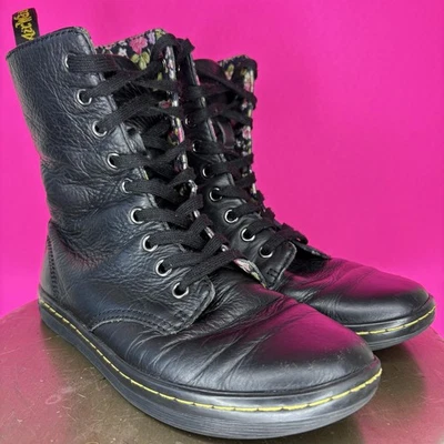 Dr. Martens Stratford Black Leather Floral Lined Lace-Up Boot Sz 6 - Image 1 of 4