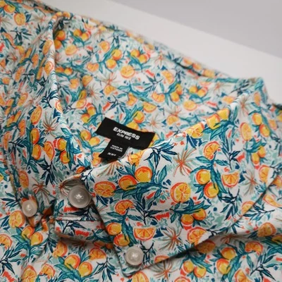 Express 1MX Slim Fit Orange Fruit Button Down Shirt Mens Sz 2XL Stretch - Image 1 of 4