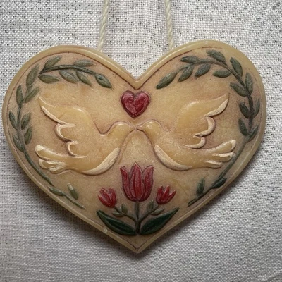 Painted white Beeswax HEART DOVE red TULIP green branch Wall Hanging 5.25 X 5.25 - Image 1 of 4