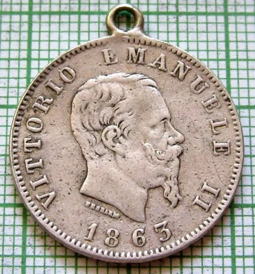 PENDANT MADE FROM COIN ITALY VITTORIO EMANUELE II 1863 T BN 1 LIRA TURIN SILVER - Image 1 of 4