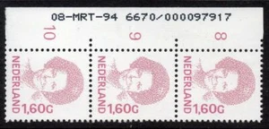 NETHERLANDS MNH 1991 SG1602 Beatrix 1g60c Dated Strip of 3, 8-March-94 - Picture 1 of 1