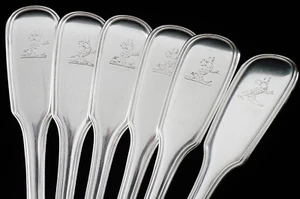 6 antike Sterling Silber Dessertlöffel doppelt geprägt, CRESTED, London 1828 - Bild 1 von 12