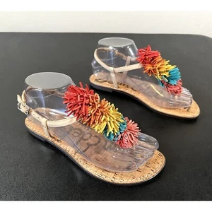 Sam Edelman Sandals Womens 6M Leather Tan Rainbow Pride Fringe T-Strap - Picture 1 of 9
