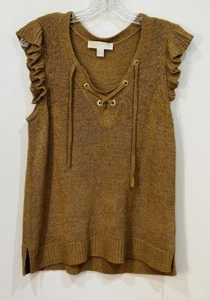 MICHAEL Michael Kors Womens Tan Sleeveless Ruffle Sweater Size L V-Neck Lace Up - Picture 1 of 11