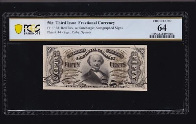 US 50c Fractional Currency Note Autographed Red Back FR 1328 PCGS 64 Ch CU (03) - Image 1 of 2