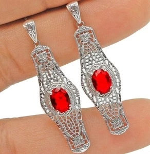 2CT Treated Ruby 925 Solid Sterling Silver Victorian Style Earrings Jewelry - Picture 1 of 1