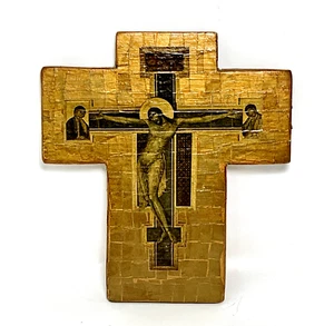 Vintage Handcrafted St. Damiano Crucifix Icon Wood Cross Golden Byzantine Style - Picture 1 of 11