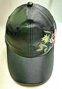 Women's Floral Appliqué Hat Vinyl Cap Black Adjustable Hook/Loop David & Young