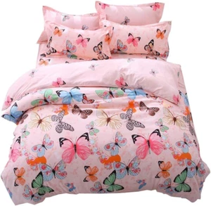 Girls Duvet Cover Sets Full Size Pink Butterfly Print Bedding Set Cute Decorativ - Picture 1 of 7