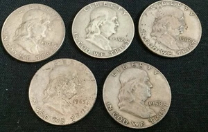 Lot of 5 Benjamin Franklin Silver Half Dollars - Circulated (see condition note) - Picture 1 of 4