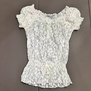 Sheer Lace Fairy Top Short Puff Sleeve Peasant Shirt NY Collection S Whimsical - Picture 1 of 6