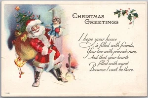 Postal de Navidad vintage de los años 1910 de Santa Claus con muñeca/árbol y chimenea - Imagen 1 de 2