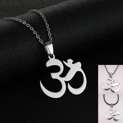 Collana ciondolo simbolo om aum bambulè in acciaio sacro mantra induista unisex - Immagine 1 di 4