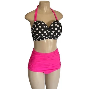 Bold & Playful Retro Halter Bikini Black Polka Dot Top & Hot Pink Ruched Bottom - Picture 1 of 9