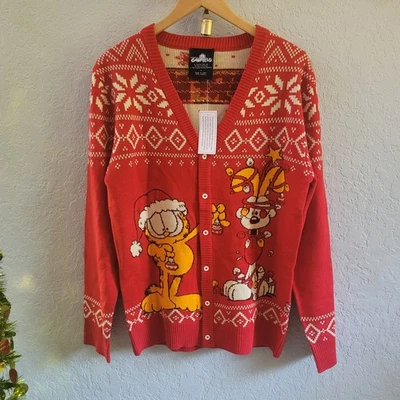 Garfield Ugly Christmas Sweater Cardigan Small Odie Dog Cat Red Santa Holiday - Image 1 of 4