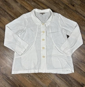 Camisa de lino con botones para mujer pequeña marfil blanca Lagenlook bolsillos mínimos - Imagen 1 de 10