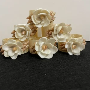 Capiz Shell Flower Napkin Rings Handmade Set of 6 - Picture 1 of 7